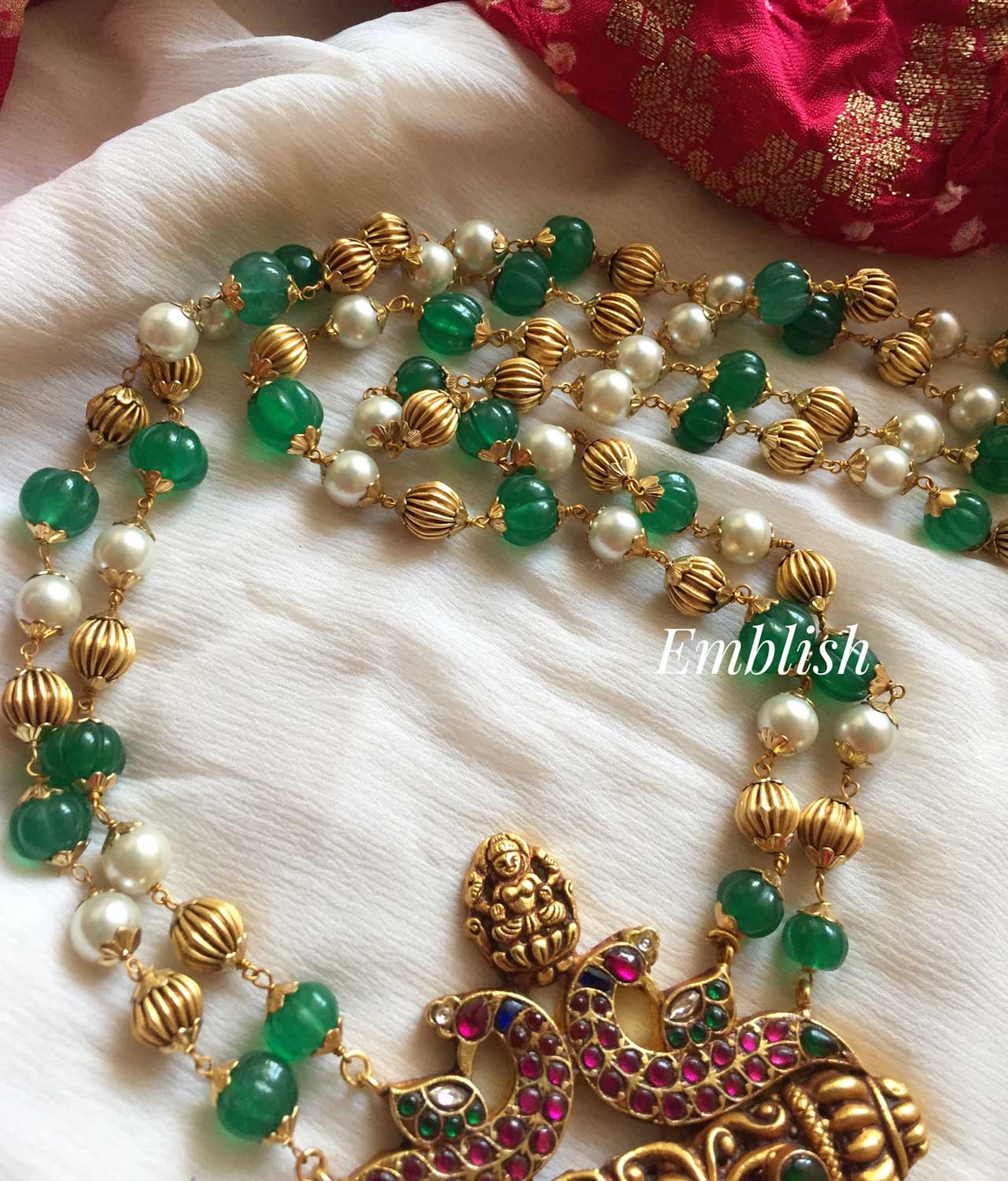 Ganesha pendant  kundan jadau Green beads neckpiece